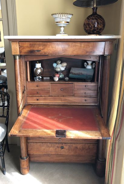 null Fruitwood secretary opening with a flap and four drawers, uprights with detached...