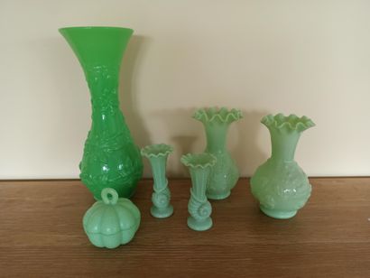 
Green opaline glass lot including two pairs...