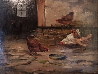 null Lot including :


- CSOT (born 1961). The chickens. Oil on panel. Signed lower...