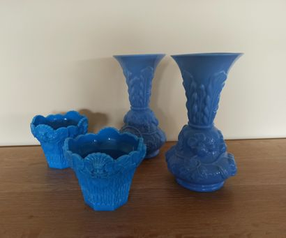 A pair of planters and a pair of blue opaline...