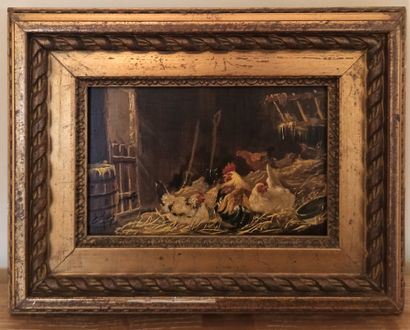null Lot including :


- CSOT (born 1961). The chickens. Oil on panel. Signed lower...