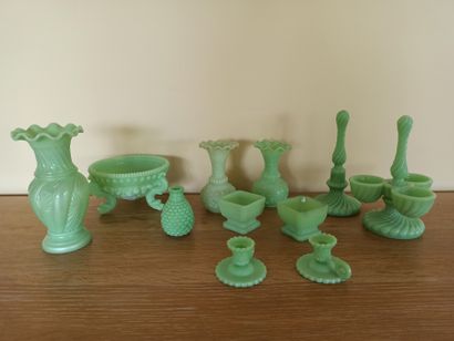 Lot of eleven green opaline glass pieces...