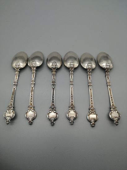 null Six silver coffee spoons 1st title 925‰, of neo-renaissance style, with scrolls...