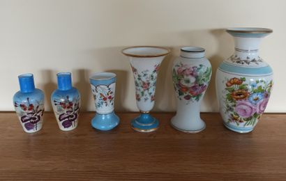 A pair of opaline glass vases and four vases....