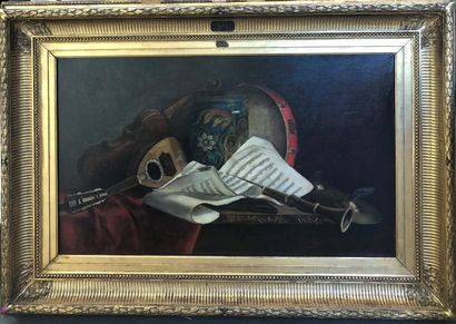 null DE BURY Louise (19th c.)

Still life with albarello and musical instruments

Oil...
