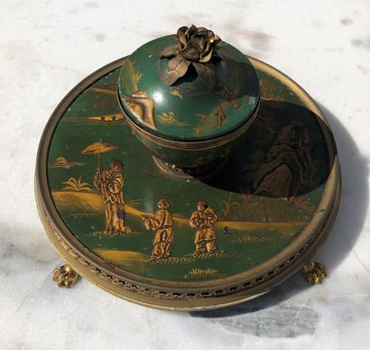 null A bronze, brass and green lacquered sheet metal inkwell in imitation of China,...