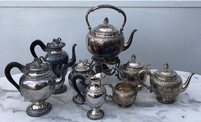 null Two silver plated tea and coffee sets, one in the Empire style, each including...