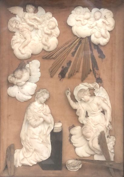 null Composition fixed under glass depicting an Annunciation, composed of bone elements...