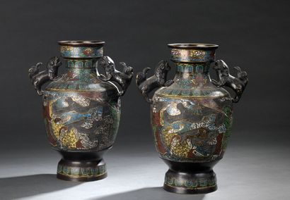 null Pair of bronze and champlevé enamel baluster-shaped vases decorated with mythological...