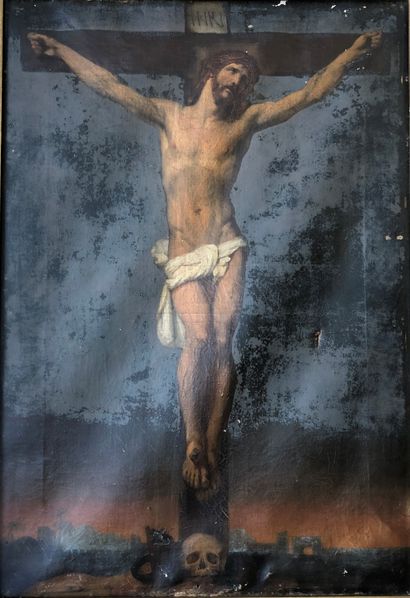  ECOLE DU XIXE SIECLE 
Christ en croix 
Huile sur toile 
65 x 44,5 cm 
Accidents...