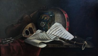 null DE BURY Louise (19th c.)

Still life with albarello and musical instruments

Oil...