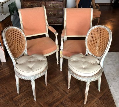 null Pair of white and yellow lacquered wood armchairs, reversed back and baluster...