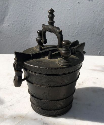 null Bronze bucket weight called pile de Charlemagne, the lid and the handle with...