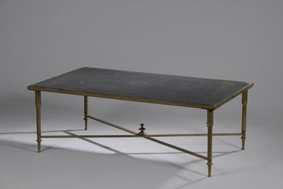 null Bronze LOW TABLE with fluted legs joined by an X brace. Slate top.

Tray damaged...
