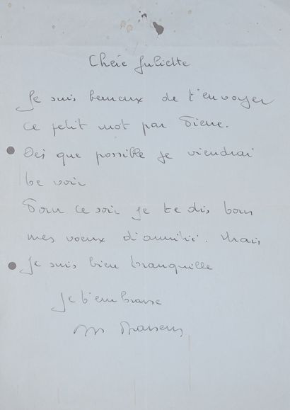 null LETTER FROM GEORGES BRASSENS TO JULIETTE GRÉCO in 1966 on the occasion of his...
