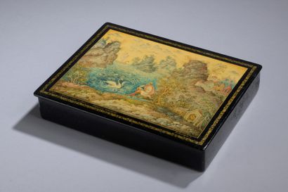 null Wooden box with painted decoration of a landscape with a man sitting near the...