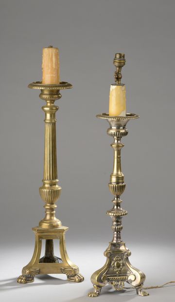 null Brass candlestick with openwork base (H. 63 cm) and old gilded metal candlestick...