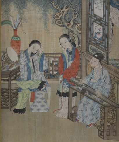 null LOT of four ink and color paintings on silk, featuring characters in interior...