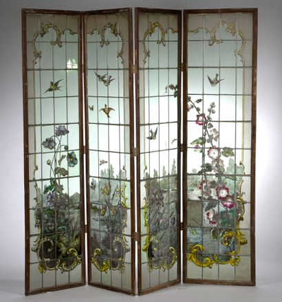 null Wooden screen with four leaves in stained glass decorated with two lakescapes...