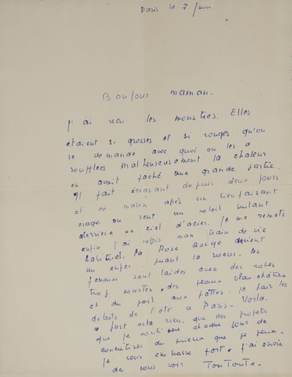 null LETTER FROM JULIETTE GRÉCO TO HER MOTHER: "Paris, January 7, 1950, Hello, Mother,...