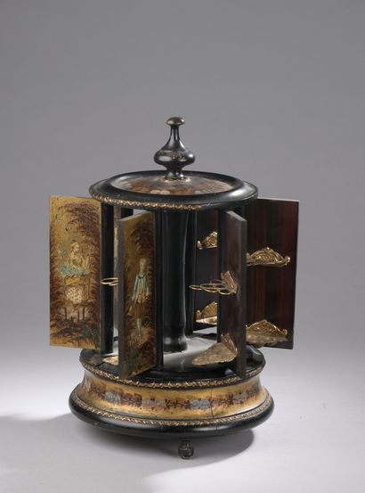 null CIGARETTES HOLDER with music box in blackened wood and painted decoration of...