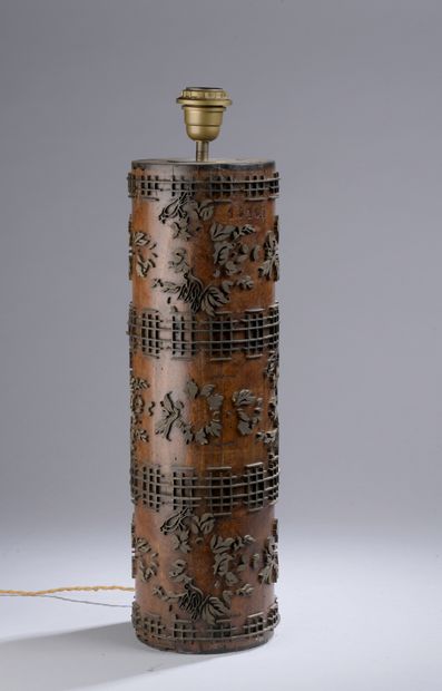 null Japanese wood and metal PRINTING ROLLER with flowers and birds decoration. Mounted...