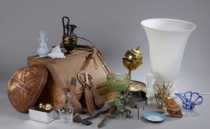 null LOT including a white opaline lamp in the shape of a basin (H. 39 cm), a paper-cutter,...