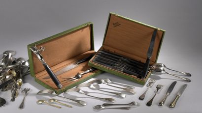 null LOT of silver plated cutlery, leg of lamb set and twelve table knives, blackened...