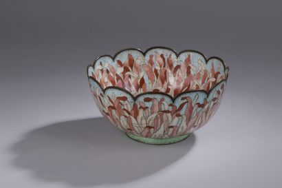null A cloisonné enamelled salad bowl decorated with a pink and red peony on a floral...