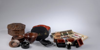 null LOT of lacquered wood tableware including chopsticks, six boxes including an...