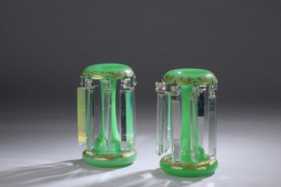 null A Pair of green opaline ANANAS HOLDERS decorated with golden scrolls and crystal...