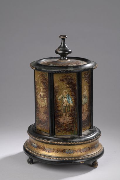 null CIGARETTES HOLDER with music box in blackened wood and painted decoration of...