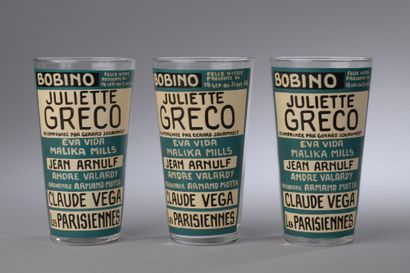 null SET OF THREE MUSIC-HALL GLASSES reproducing a poster of Juliette Gréco's recital...
