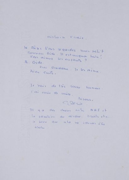 null A MANUSCRITE PAGE FROM JULIETTE GRÉCO entitled True story: "The mother: You...