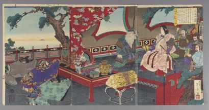 null Mizuna Toshikata (1866-1908). Print, tryptic dated 1879, an official reception....