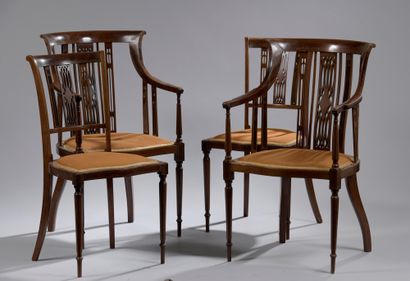 null A SET OF TWO CHAIRS AND CHAIRS with openwork backs in mahogany inlaid with light...
