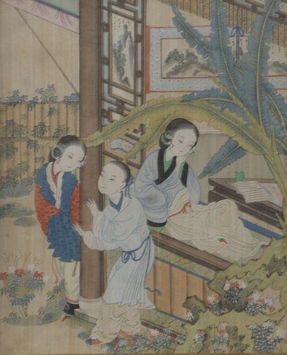 null LOT of four ink and color paintings on silk, featuring characters in interior...