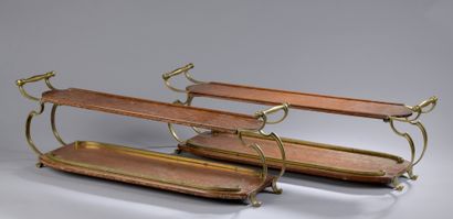 null Pair of oak and brass hors d'oeuvres trays with two shelves. Missing screws.

21...