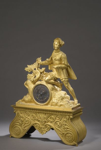 null ROMANTIC HANGER in gilt bronze decorated with a young man on a mound, in Renaissance...