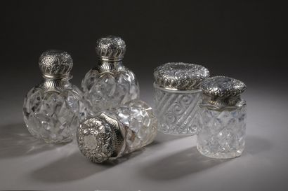 null LOT OF silver 2nd title 800‰, and crystal flasks, two ball-shaped and three...