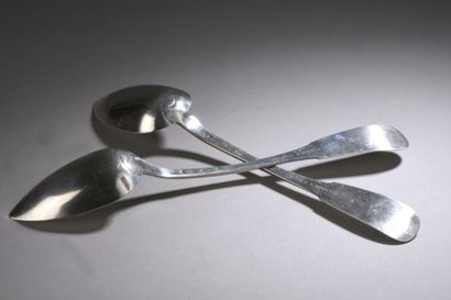 null PAIR OF RAGOUT SPoons in silver 1st title 950‰, uni-flat model, engraved Hospice...