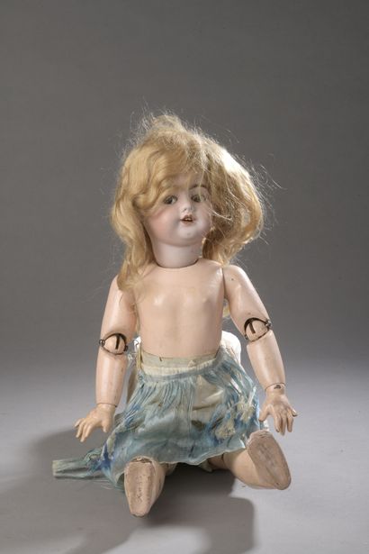 null FRENCH DOLL, with bisque head, open mouth, marked DEPOSE SFBJ 8 brown eyes cracked...