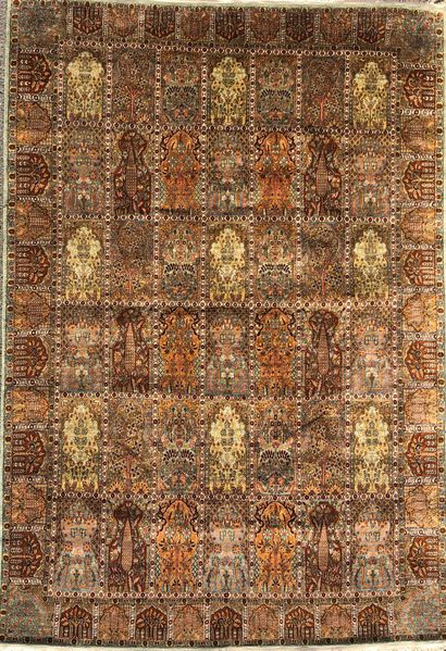 null Indian garden carpet with Hamadan decoration in silk and cotton with 42 squares...