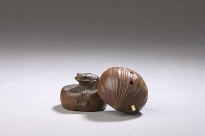 null Boxwood NETSUKE showing a chestnut ''inhabited'' by a worm; the worm in bone,...