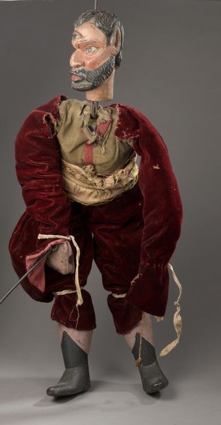 null LARGE rod and string puppet, depicting a man in a velvet suit, with painted...