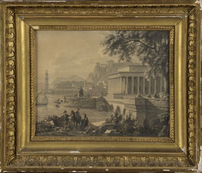 null FRENCH SCHOOL circa 1800

Port with ancient monuments

Strollers near a Roman...
