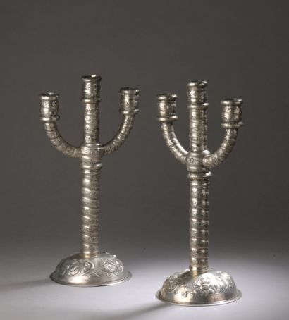 null A PAIR OF silver CANDLES 2nd title 800‰, standing on a round foot chased with...