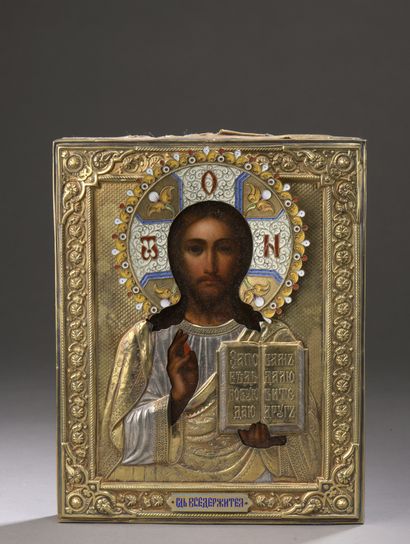 null ICON of Christ Pantocrator

Tempera on wood, preserved in a vermeil oklad, the...