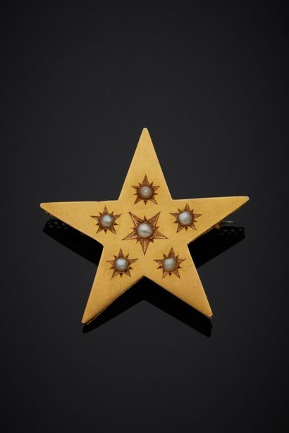 null Broche en or jaune 18K 750‰ en forme d’étoile, parée de demi-perles.

L. 3,10...