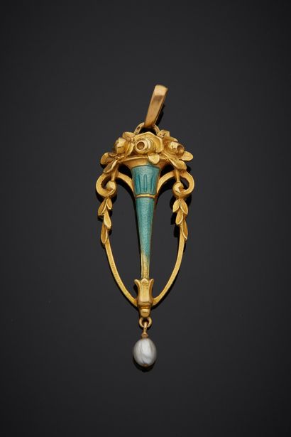 null An 18K yellow gold 750‰ pendant, in the form of a blue-enameled torch, pendant...